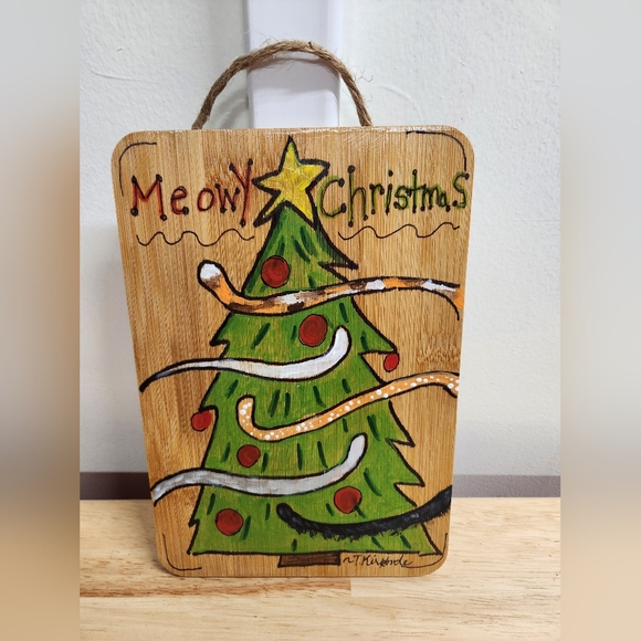 Hand Painted Meowy Christmas Sign Cat on Bamboo Wall Art Merry Christmas 6 X 9 - Picture 4 of 8